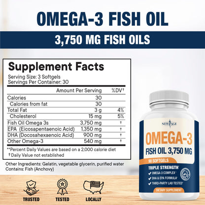 Triple Strength Omega-3 Fish Oil 3750 mg - 1350 mg EPA / 900 mg DHA - 180 Burpless Softgels