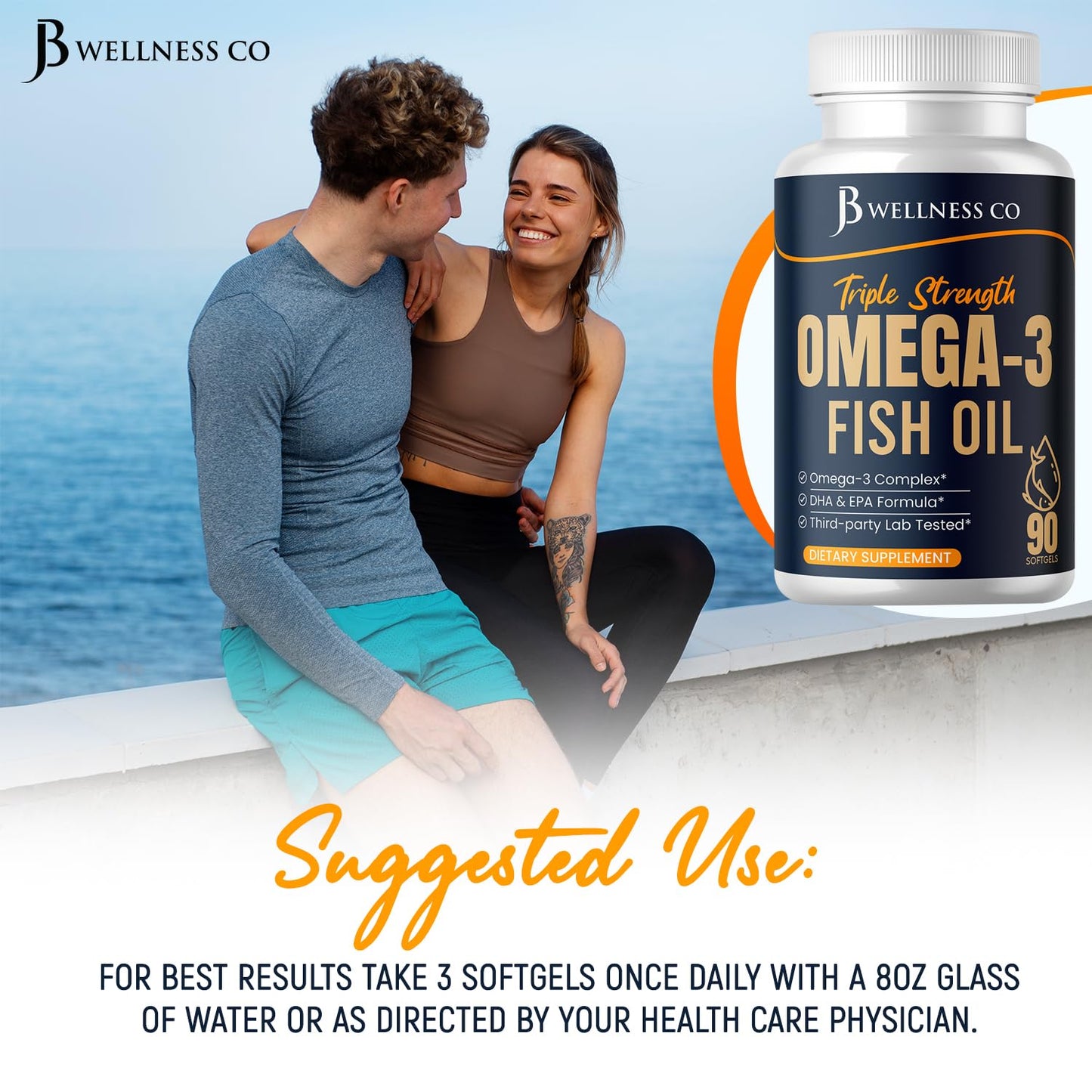 Triple Strength Omega-3 Fish Oil 3750 mg | EPA 1350 mg + DHA 900 mg | Burpless | 90 Softgels