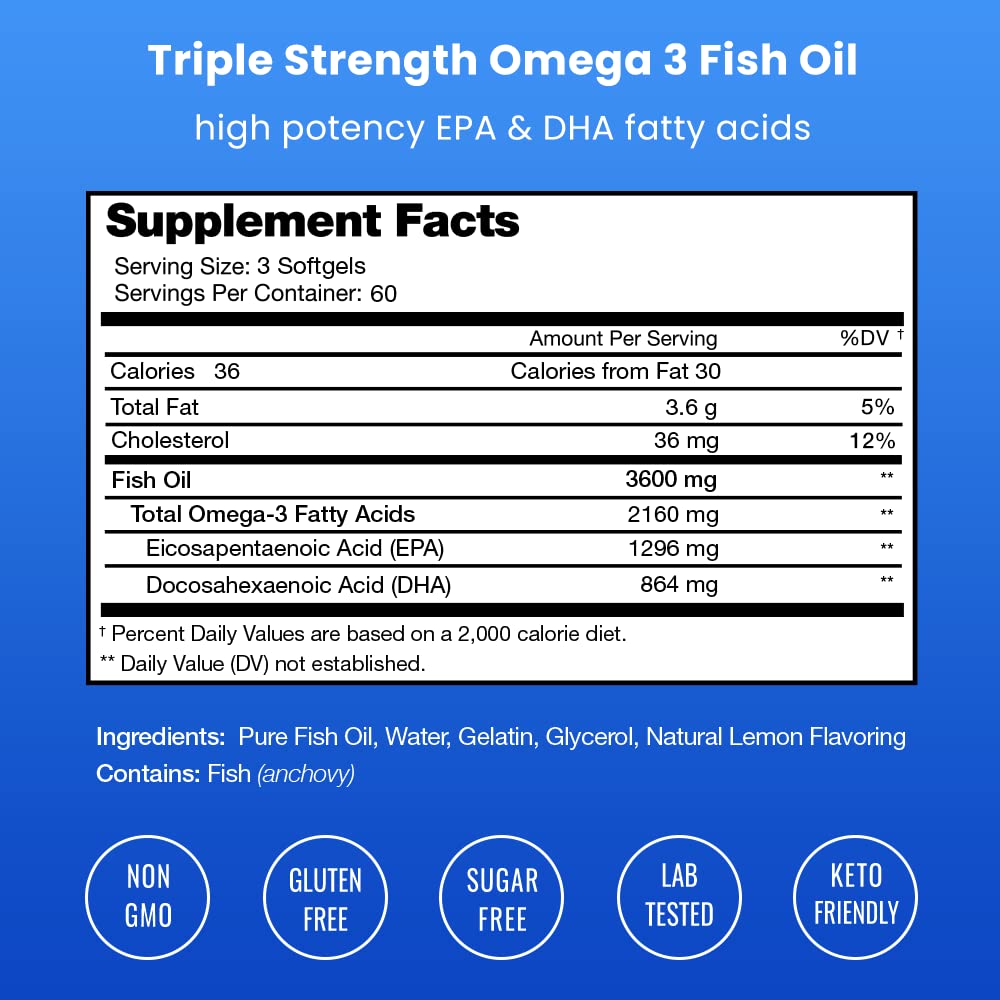 Triple Strength Omega-3 Fish Oil 3600 mg | 180 Softgels | Burpless, Wild-Caught | EPA & DHA | Lemon Flavor