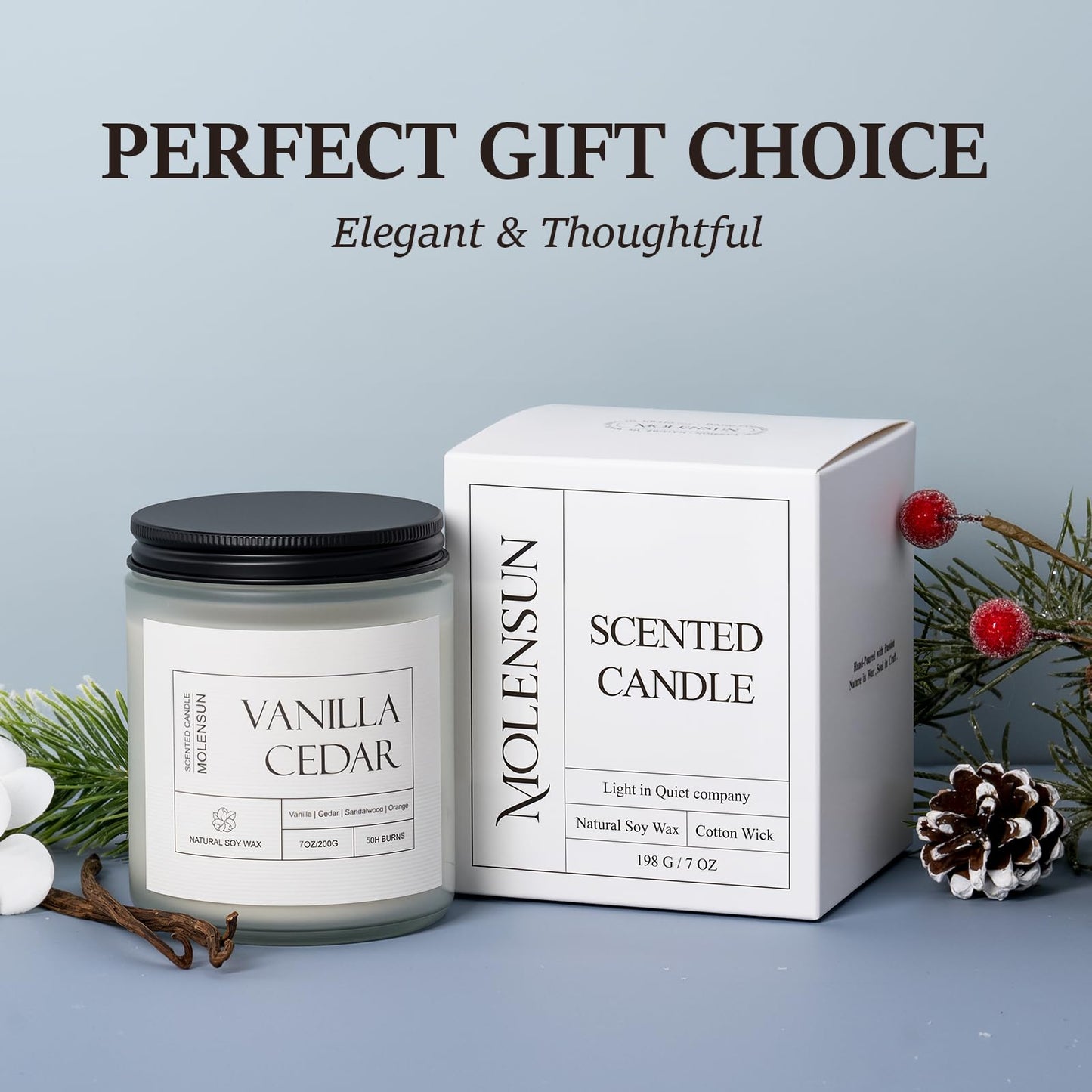 Molensun Vanilla Cedar Candle | 7 oz Soy Candle – Cozy Winter Gift