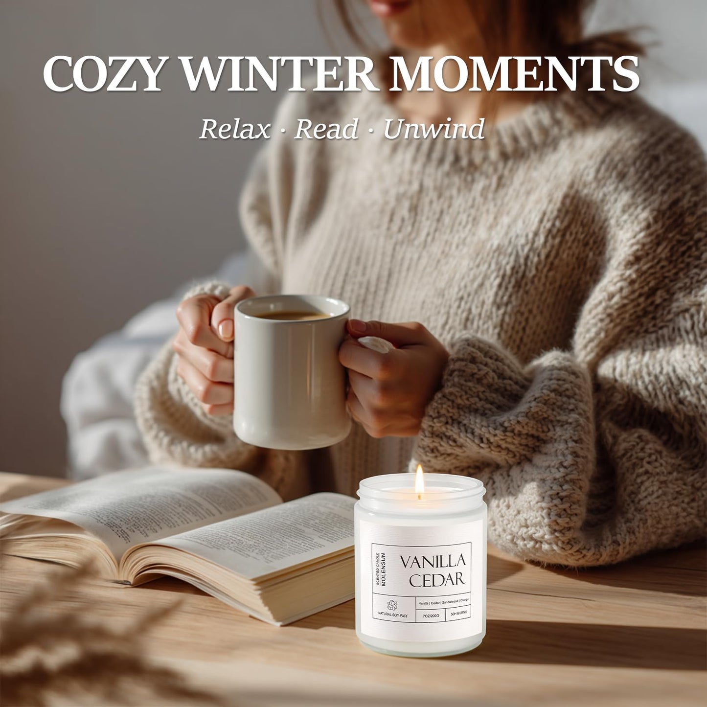 Molensun Vanilla Cedar Candle | 7 oz Soy Candle – Cozy Winter Gift