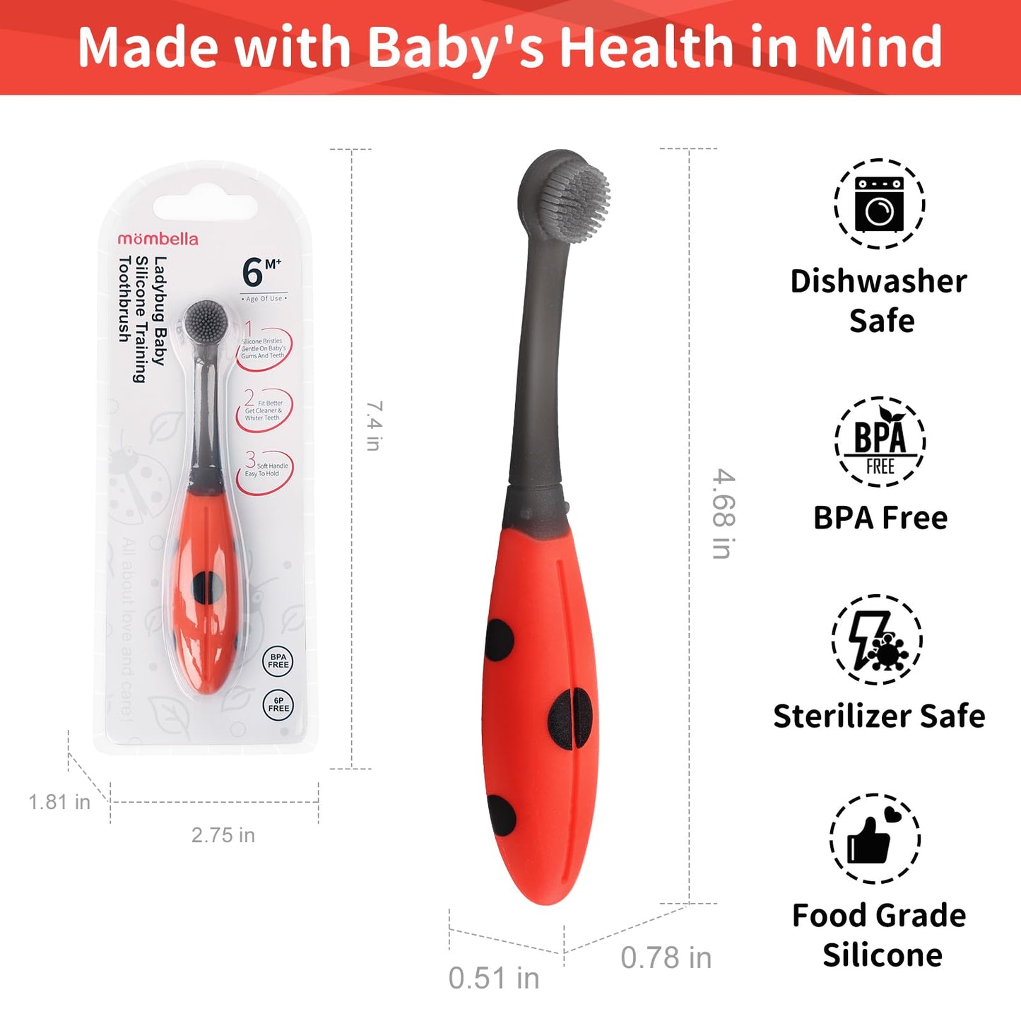 Mombella Ladybug Baby Toothbrush (6-12 Months & Up) – Extra Soft Silicone Infant Toothbrush