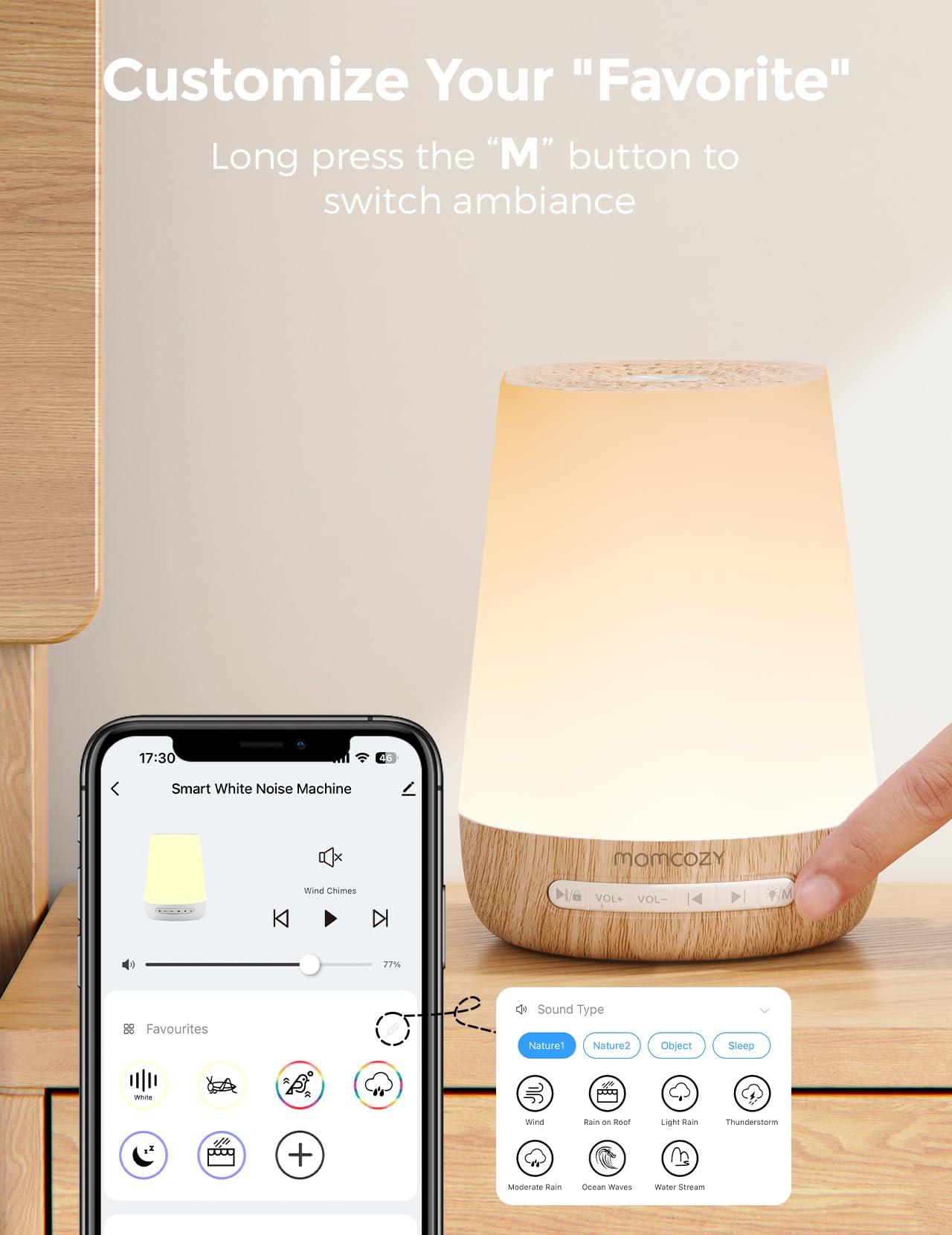 Momcozy Baby Sound Machine – White Noise, Night Light, 34 Sounds, App Remote, Wood Grain