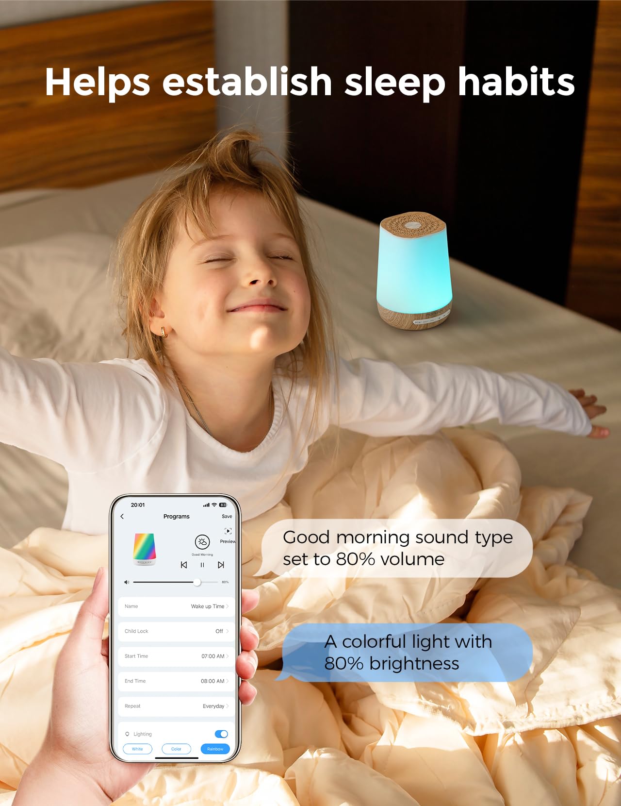 Momcozy Baby Sound Machine – White Noise, Night Light, 34 Sounds, App Remote, Wood Grain