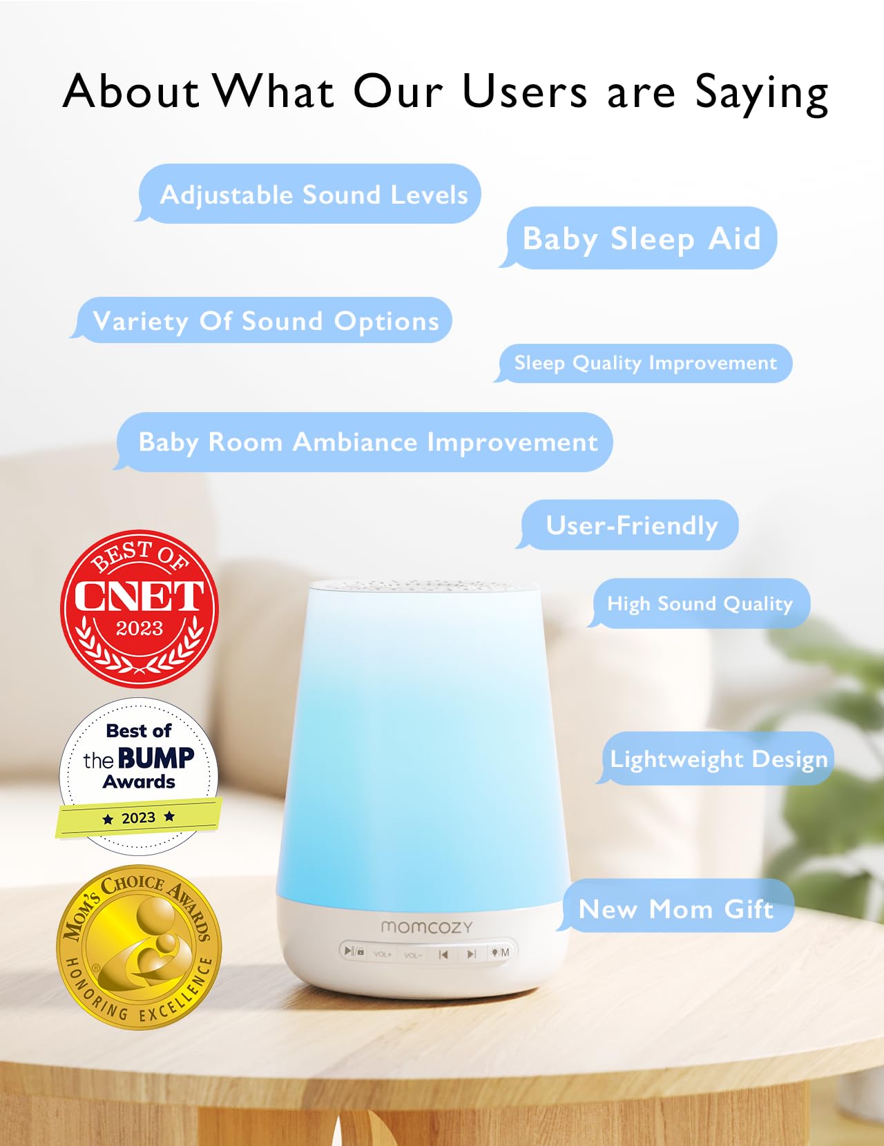 Momcozy Baby Sound Machine with Night Light | 34 Sounds, App Remote, Sleep Trainer (Blue)