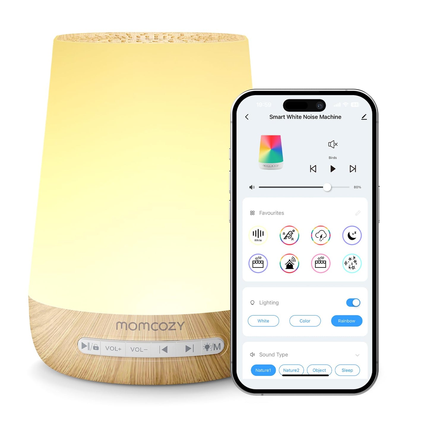 Momcozy Baby Sound Machine – White Noise, Night Light, 34 Sounds, App Remote, Wood Grain