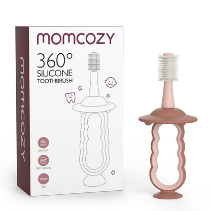 Momcozy Baby Toothbrush – 360° Infant Toothbrush with Suction Base (Pink)
