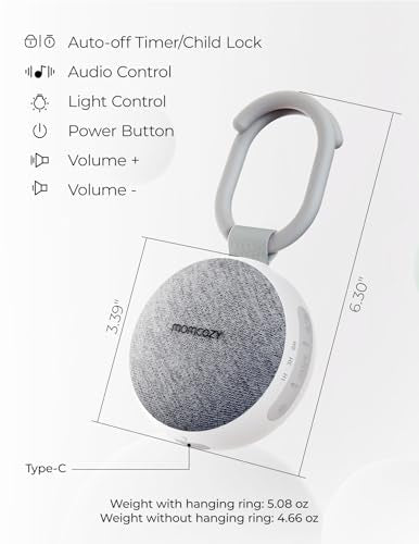 Momcozy Portable Sound Machine with Night Light – 20 Soothing Sounds, Stroller Clip, USB-C (Grey)