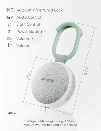 Momcozy Portable Sound Machine with Night Light – 20 Soothing Sounds, USB-C Battery, Stroller Clip