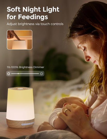 Momcozy Baby Sound Machine – White Noise, Night Light, 34 Sounds, App Remote, Wood Grain