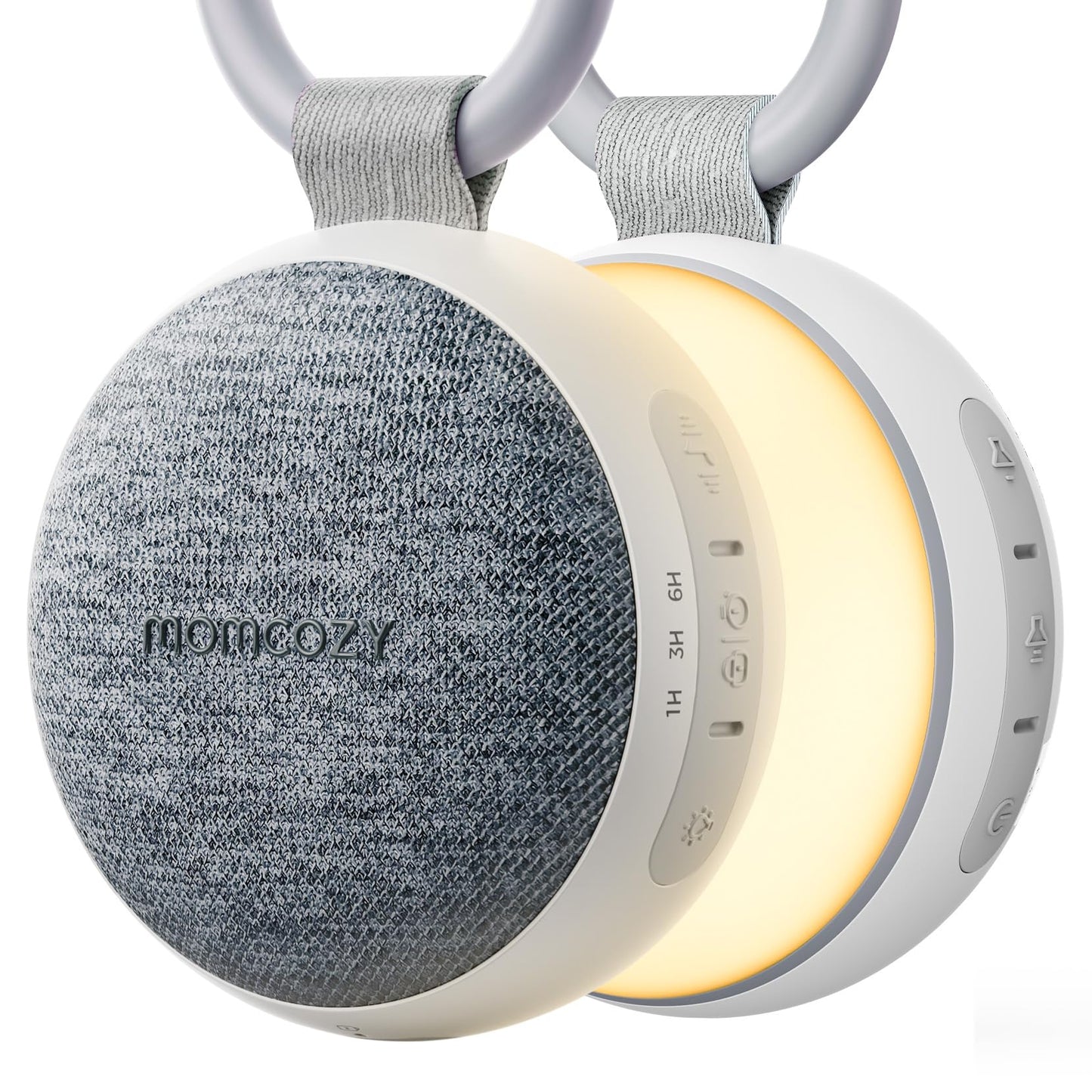 Momcozy Portable Sound Machine with Night Light – 20 Soothing Sounds, Stroller Clip, USB-C (Grey)