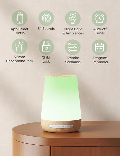 Momcozy Baby Sound Machine – White Noise, Night Light, 34 Sounds, App Remote, Wood Grain