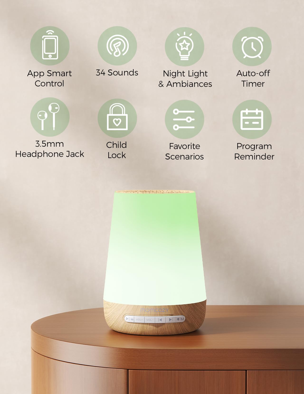 Momcozy Baby Sound Machine – White Noise, Night Light, 34 Sounds, App Remote, Wood Grain