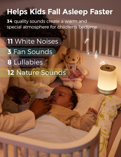Momcozy Baby Sound Machine – White Noise, Night Light, 34 Sounds, App Remote, Wood Grain