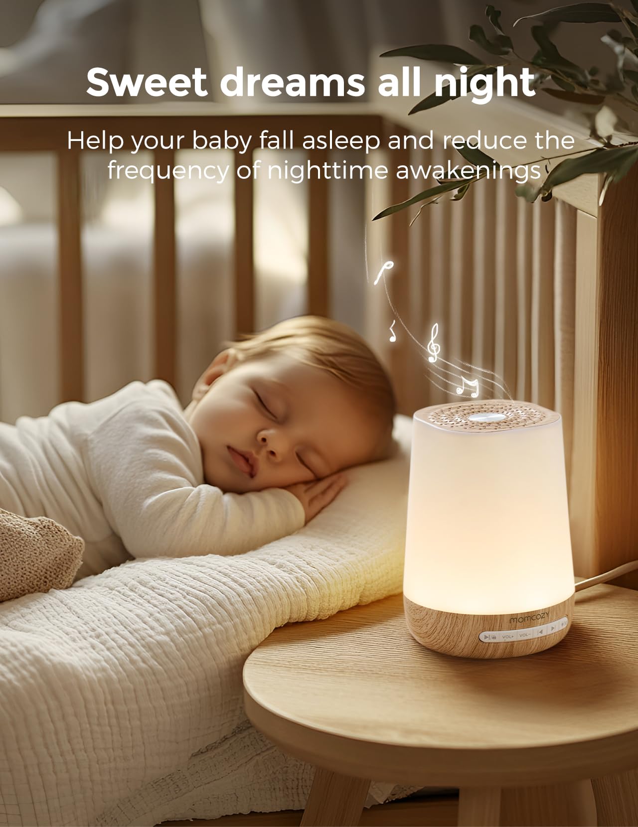 Momcozy Baby Sound Machine – White Noise, Night Light, 34 Sounds, App Remote, Wood Grain