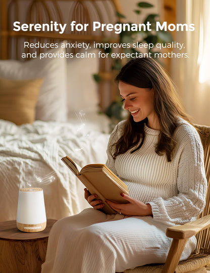 Momcozy Baby Sound Machine – White Noise, Night Light, 34 Sounds, App Remote, Wood Grain