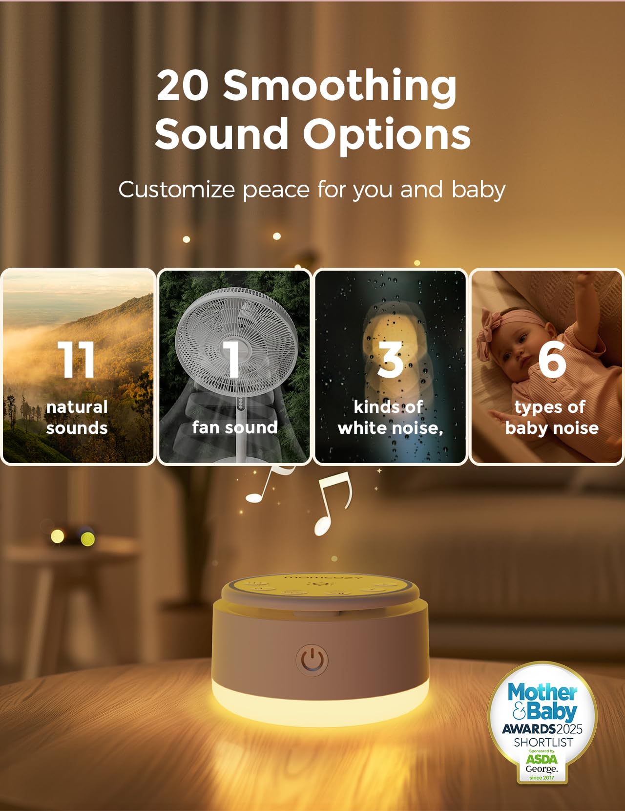 Momcozy Sound Machine for Baby - 20 Soothing Sounds & Touch Warm Light | Portable White Noise for Sleep, Travel, Nursery