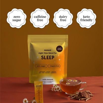 Moment Sleep Tea (SHARK TANK) | Vanilla Chamomile | Melatonin Alternative | 0 Sugar | Low Calorie | 0 Caffeine | Mushroom Drink | Adaptogens, Reishi, GABA, Magnesium, Chamomile | Keto | 15 Servings