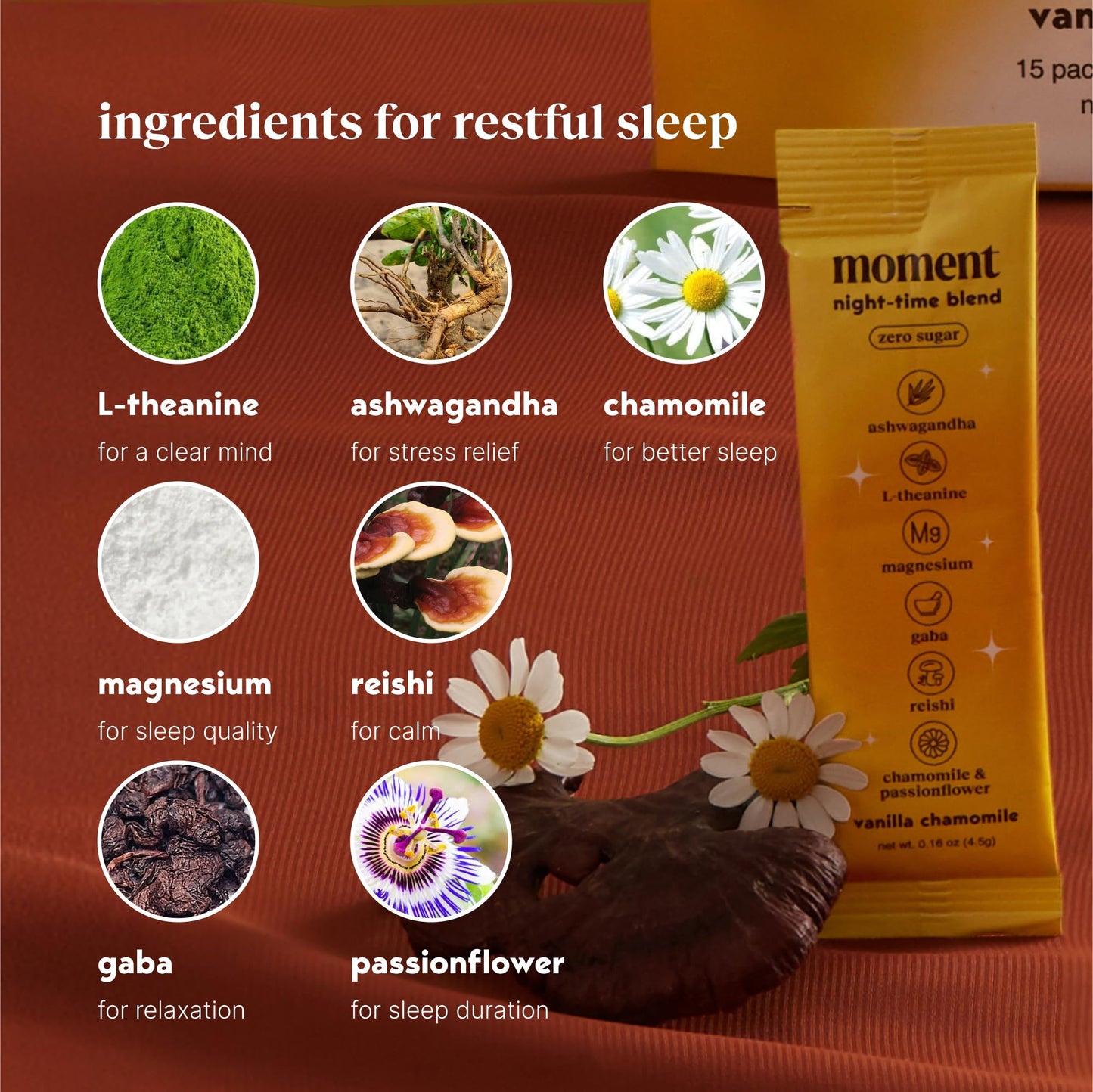 Moment Sleep Tea (SHARK TANK) | Vanilla Chamomile | Melatonin Alternative | 0 Sugar | Low Calorie | 0 Caffeine | Mushroom Drink | Adaptogens, Reishi, GABA, Magnesium, Chamomile | Keto | 15 Servings