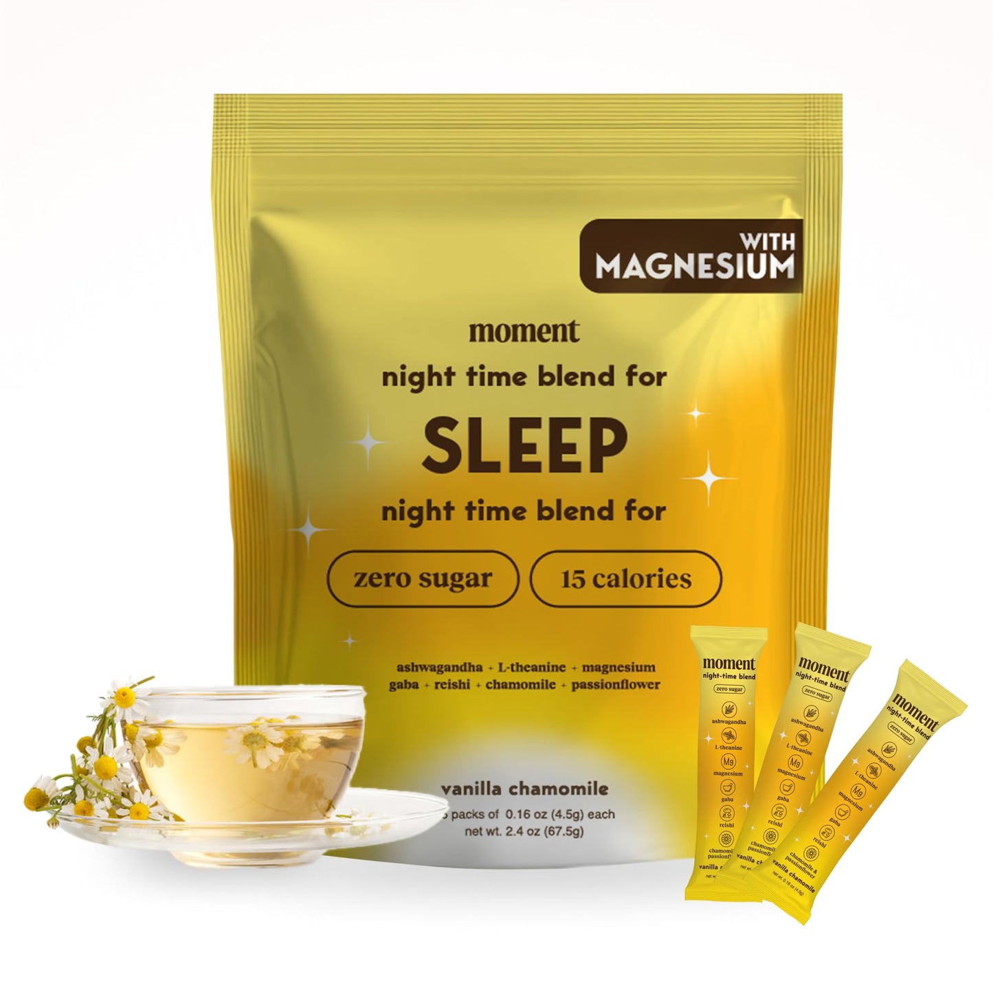 Moment Sleep Tea (SHARK TANK) | Vanilla Chamomile | Melatonin Alternative | 0 Sugar | Low Calorie | 0 Caffeine | Mushroom Drink | Adaptogens, Reishi, GABA, Magnesium, Chamomile | Keto | 15 Servings