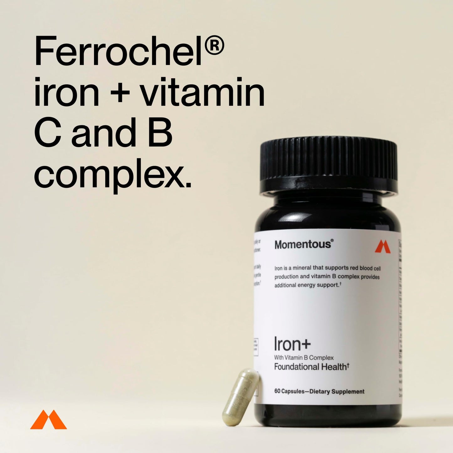 Momentous Iron+ with Vitamin C & B Complex | Ferrochel Iron Capsules | NSF Certified for Sport | Gluten-Free | 60 Servings
