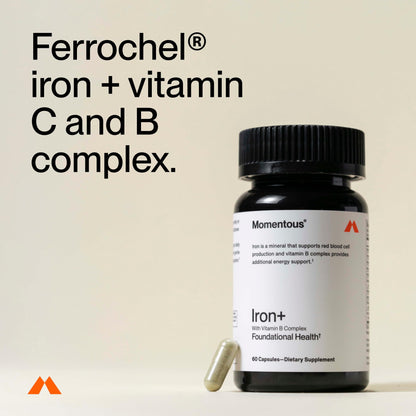 Momentous Iron+ with Vitamin C & B Complex | Ferrochel Iron Capsules | NSF Certified for Sport | Gluten-Free | 60 Servings