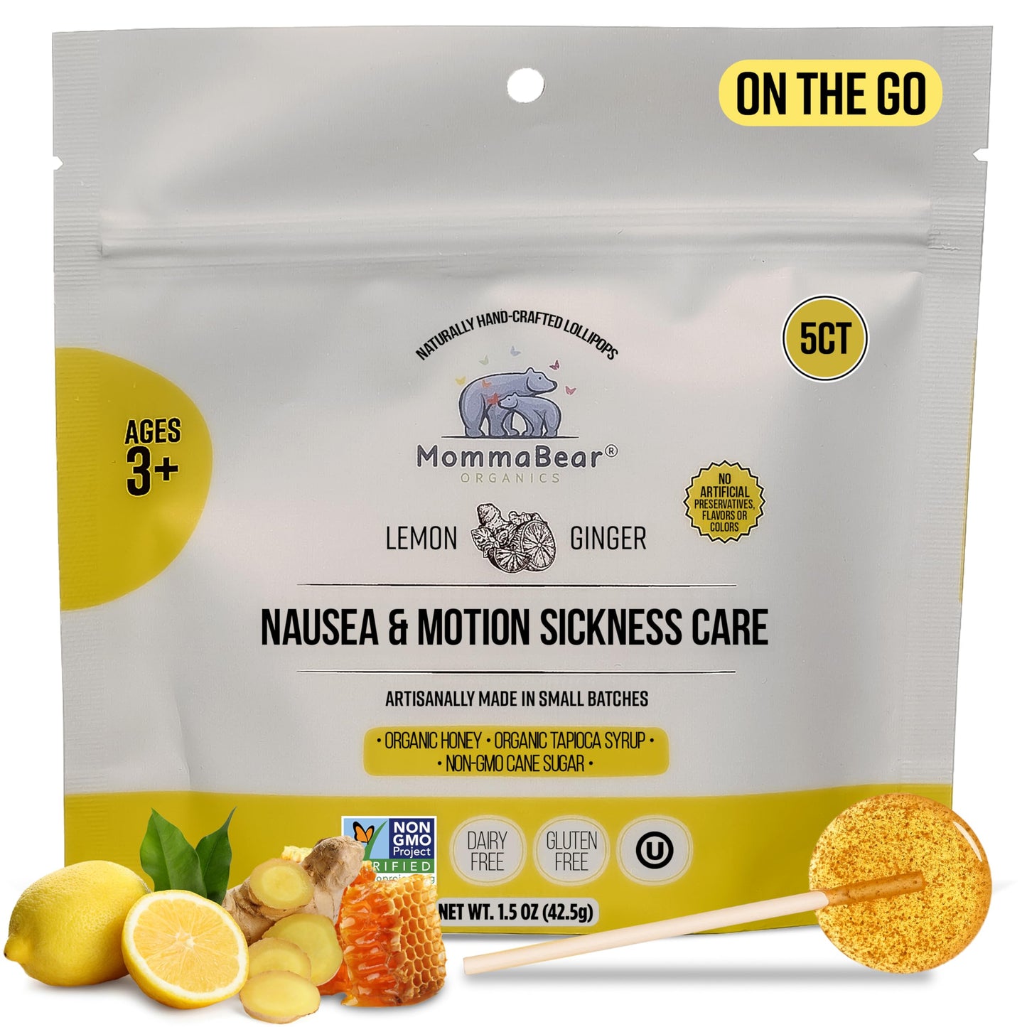 MommaBear Nausea & Motion Sickness Lollipops – Non-GMO Lemon & Ginger (5 Pack) for Kids 3+ & Pregnant Women