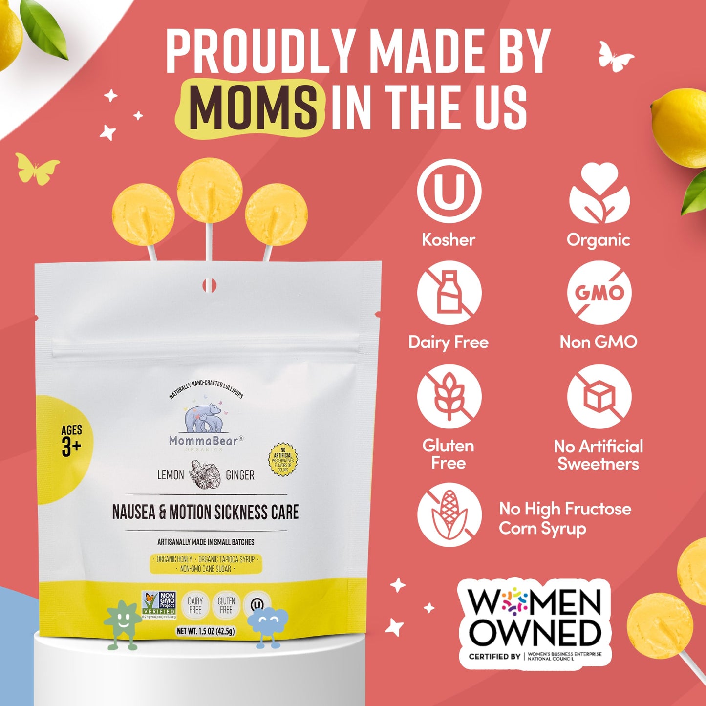MommaBear Nausea & Motion Sickness Lollipops – Non-GMO Lemon & Ginger (5 Pack) for Kids 3+ & Pregnant Women