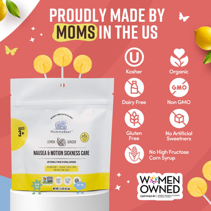 MommaBear Nausea & Motion Sickness Lollipops – Non-GMO Lemon & Ginger (5 Pack) for Kids 3+ & Pregnant Women
