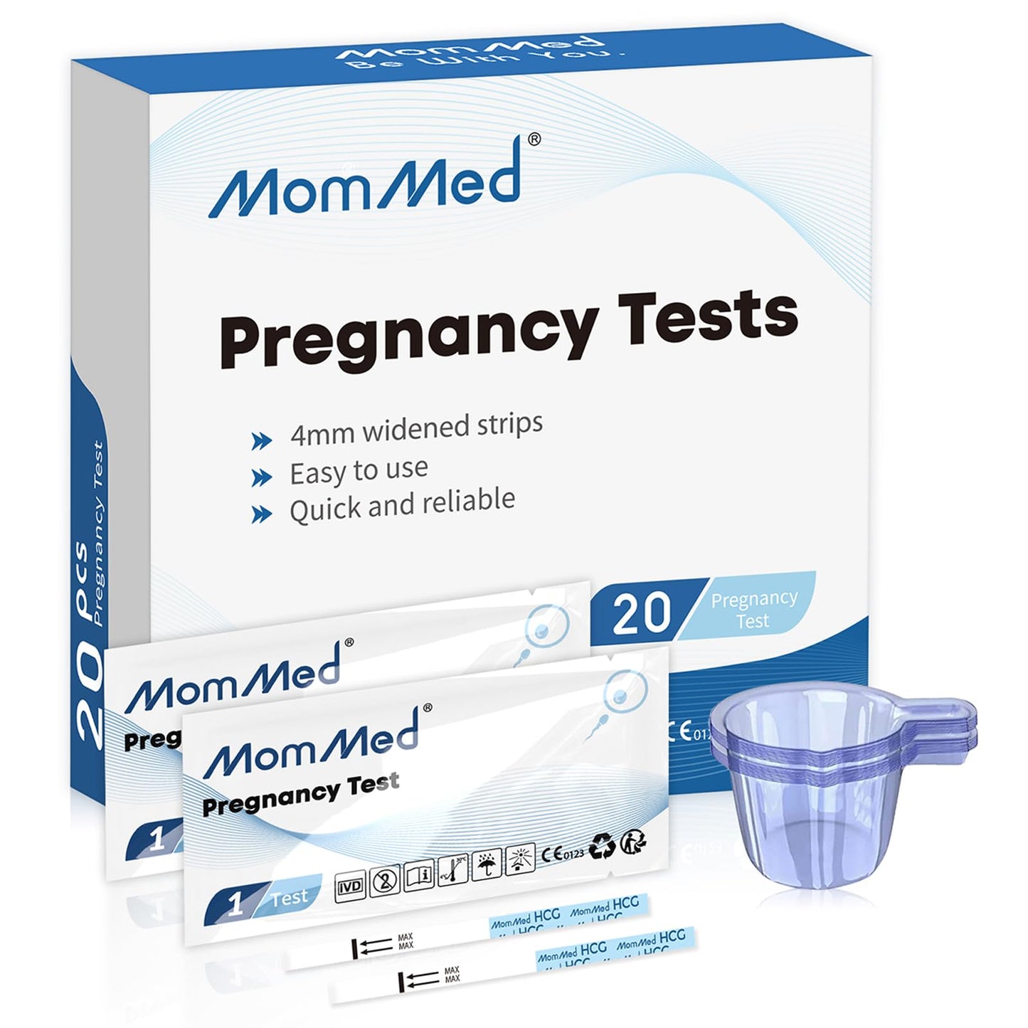 MomMed Pregnancy Test Strips – 20 HCG Tests, 99% Accurate, 20 Free Urine Cups, Bulk for Home Use