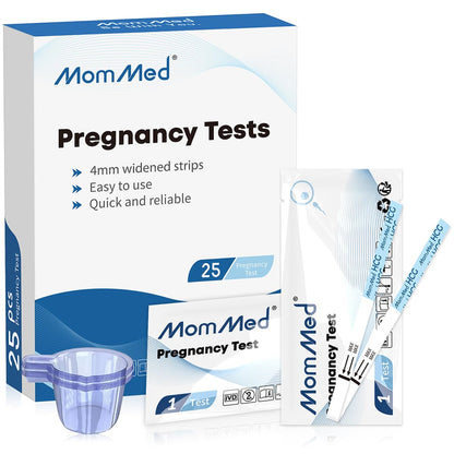 MomMed Pregnancy Test Strips – 25 HCG Tests for Early Detection, 99% Accurate, 25 Free Urine Cups, Bulk Home Use