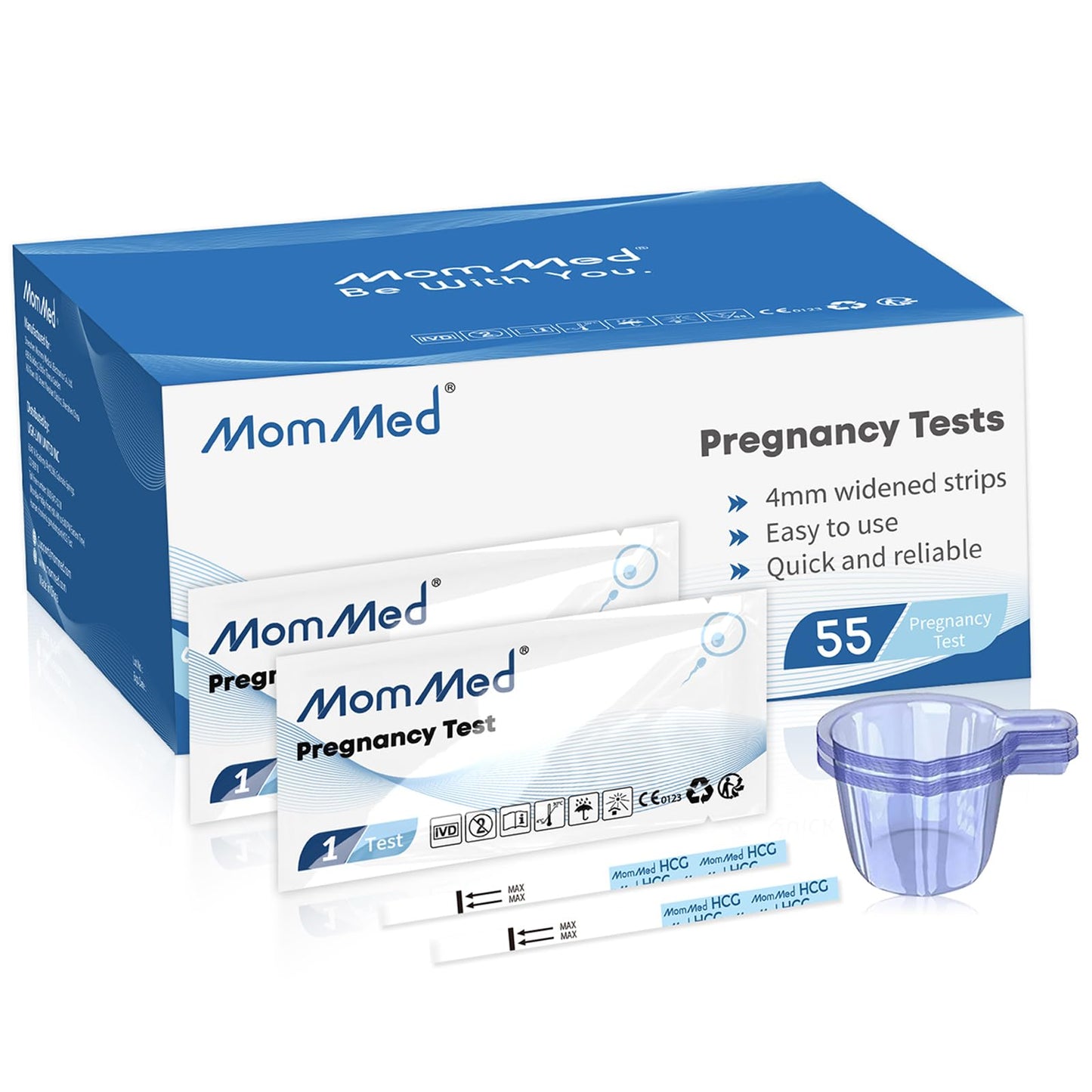 MomMed Pregnancy Test Strips – 55 HCG Tests, 99%+ Accurate, Free Urine Cups
