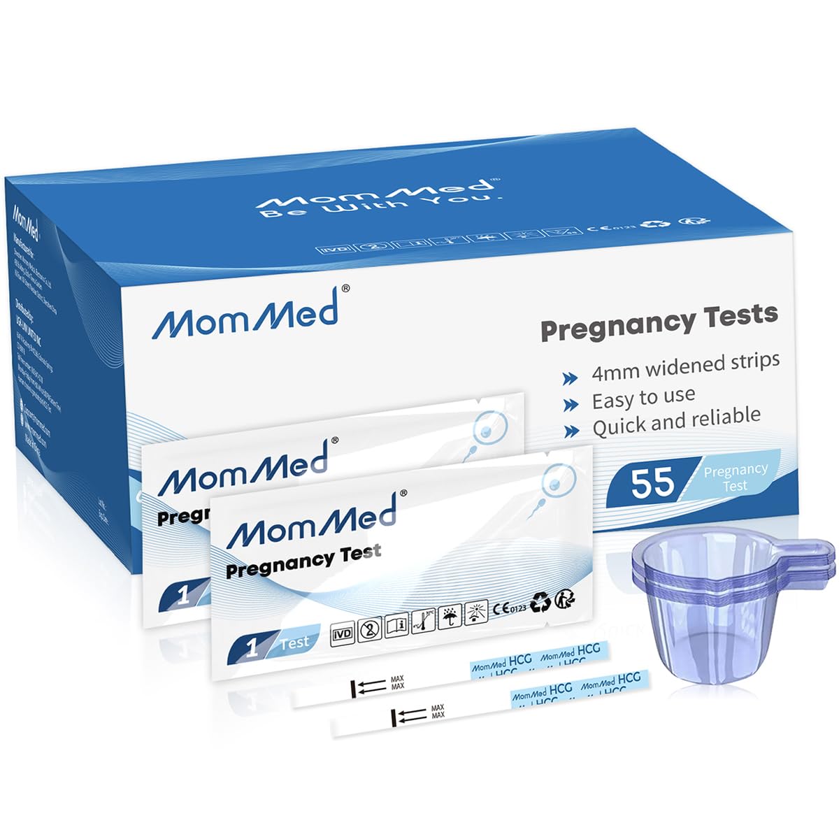 MomMed Pregnancy Test Strips – 55 HCG Tests, 99%+ Accurate, Free Urine Cups