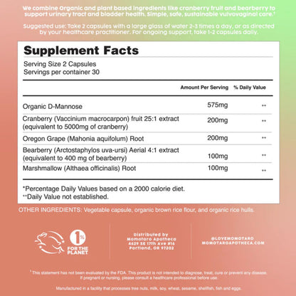 MOMOTARO APOTHECA Urinary Health Supplement – Cranberry & D-Mannose | Vaginal & Bladder Support, Vegan, 60 Capsules
