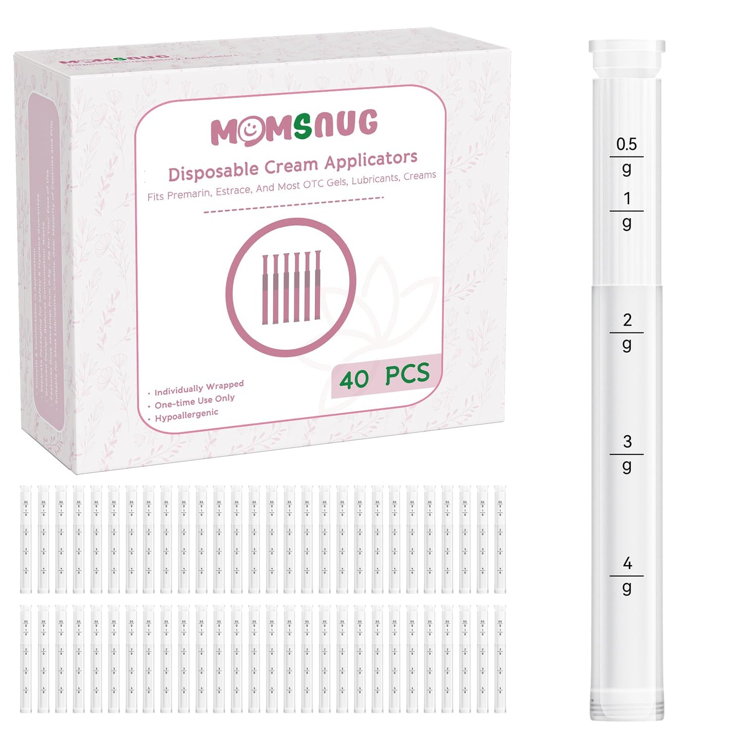 Momsnug Disposable Vaginal Applicators — 40 Pack with Dosage Markings, Hygienic & Compatible with Premarin, Estrace, Preseed