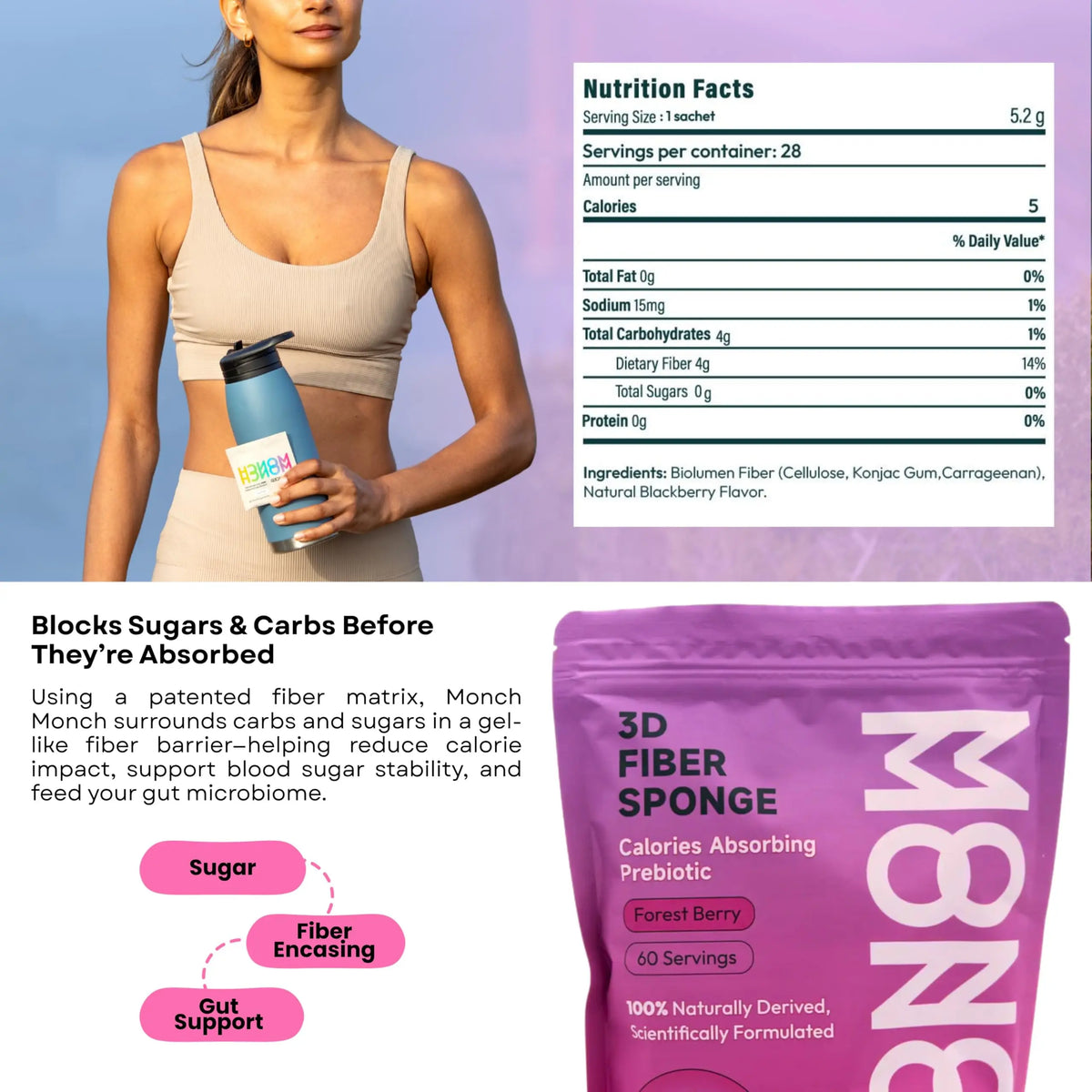 Monch Monch Calorie Absorbing Fiber Sponge – Forest Berry, 60 Ct – Vegan Konjac Gum + Prebiotic Fiber for Gut Health & Blood Sugar Support BritishVita | Premium UK Vitamins & Wellness Supplements