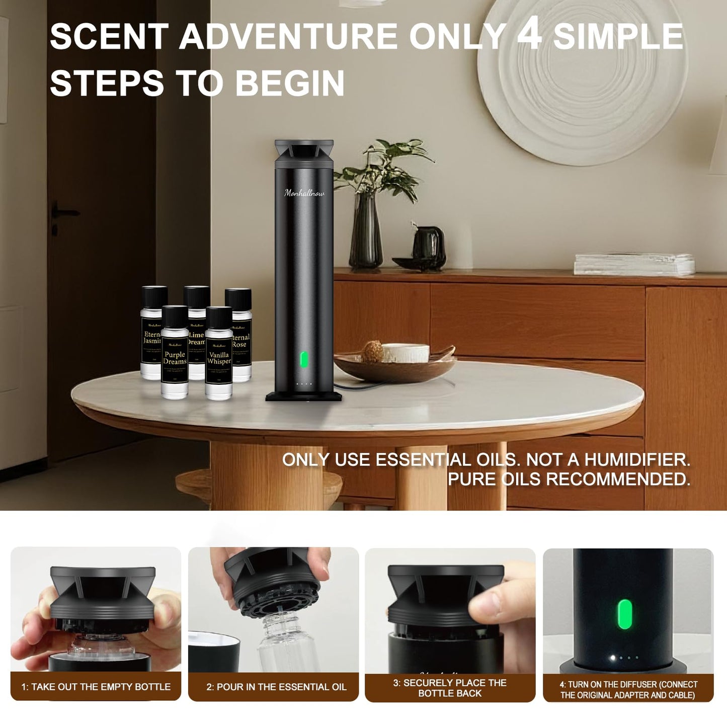 Monhallnow Waterless Scent Diffuser Starter Kit – 1,000 Sq Ft Coverage