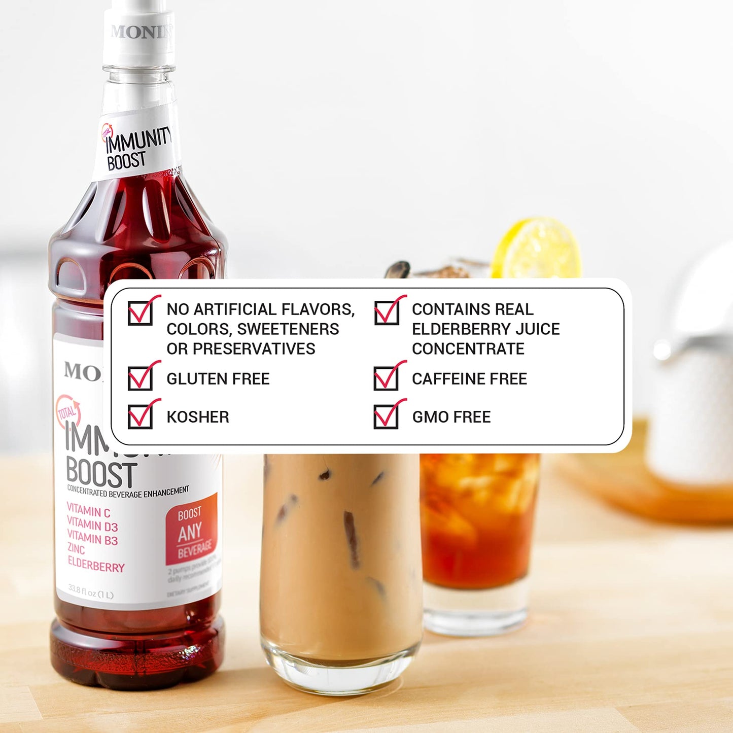 Monin Total Immunity Boost – Immune Support Syrup with Vitamin C, D & Elderberry | 1L + Pump