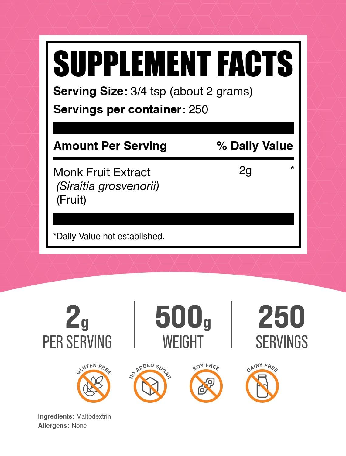 BulkSupplements Monk Fruit Extract Powder – Luo Han Guo, 500g, 250 Servings, Gluten Free, No Erythritol