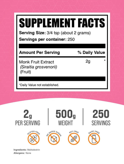 BulkSupplements Monk Fruit Extract Powder – Luo Han Guo, 500g, 250 Servings, Gluten Free, No Erythritol