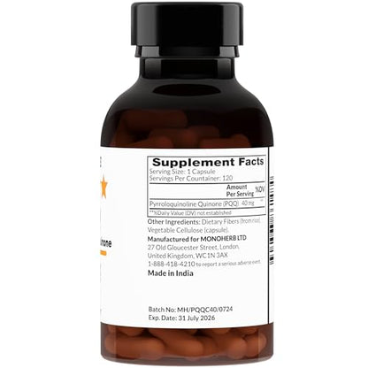 MONOHERB PQQ 40 mg – PQQ Supplement, Pyrroloquinoline Quinone, 120 Capsules (Pack of 2)