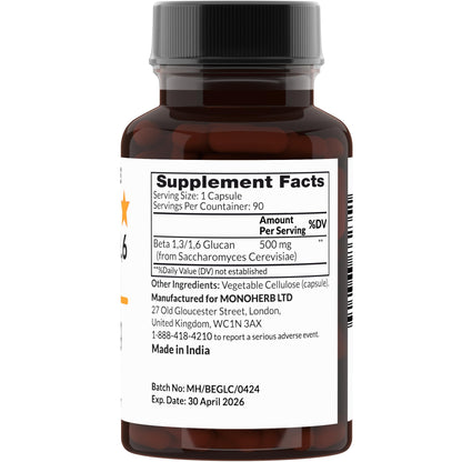 MONOHERB Beta 1,3/1,6 Glucan 500 mg per Capsule - 90 Veg Capsules (90 Servings)