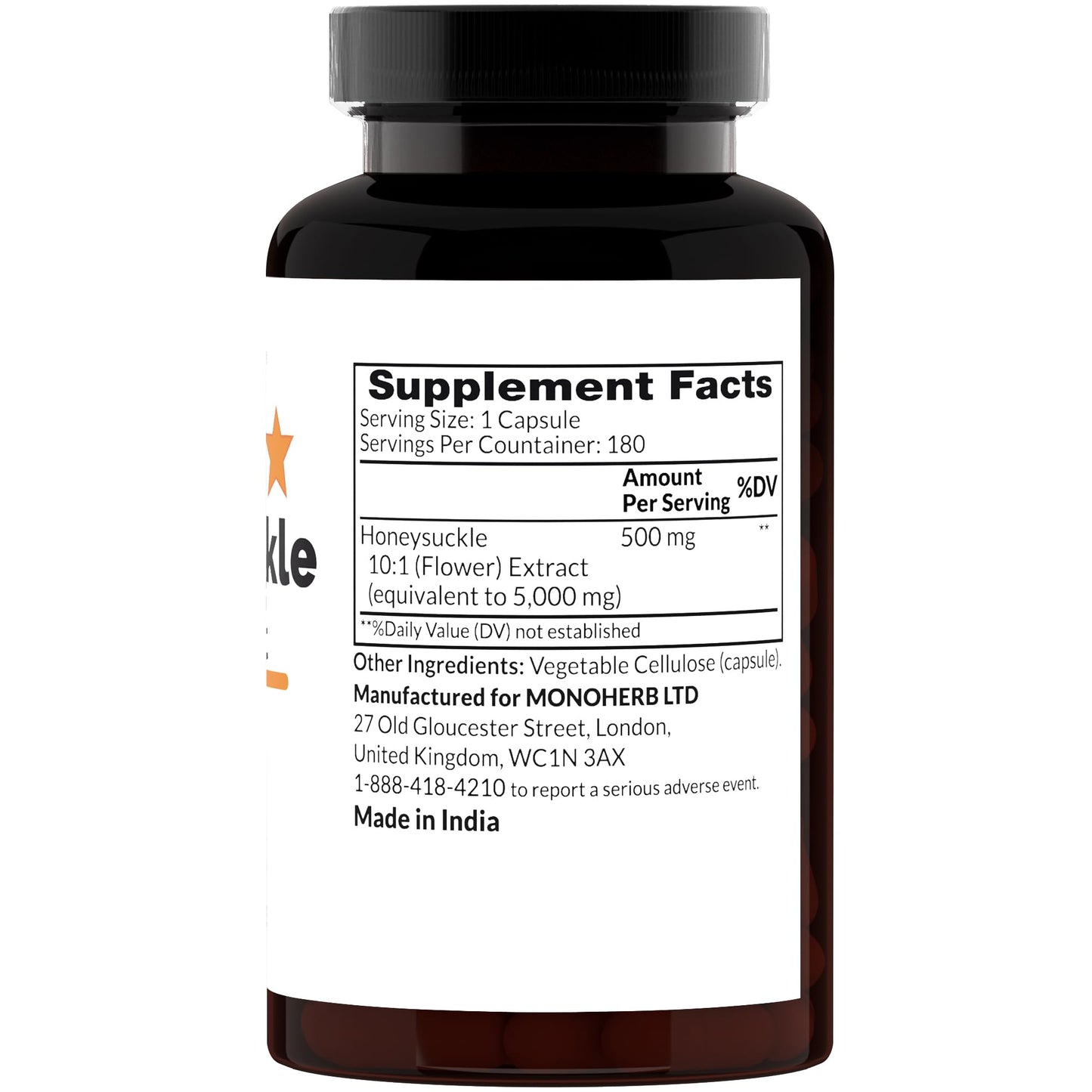 MONOHERB Honeysuckle Extract 500 mg - 180 Capsules | Extra Strength 10X Formula