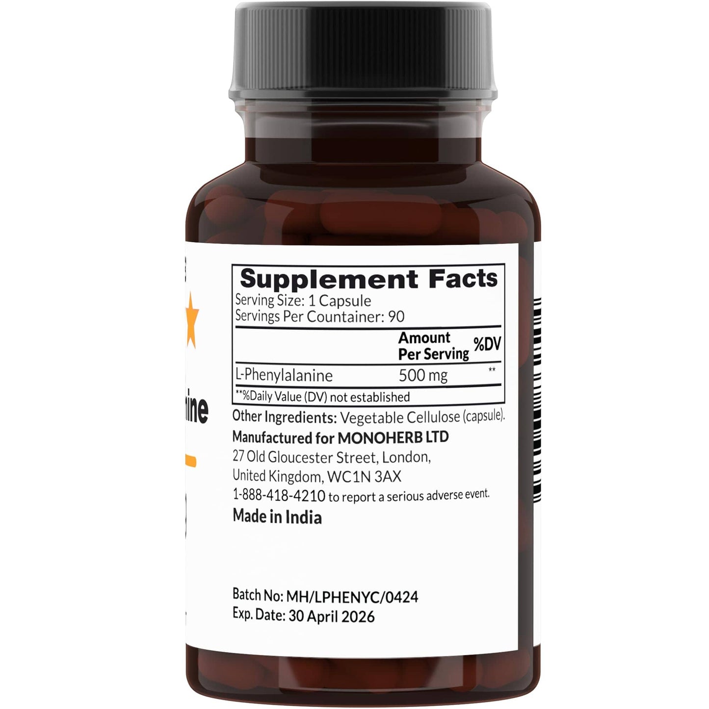 MONOHERB L-Phenylalanine 500 mg – 90 Veg Capsules