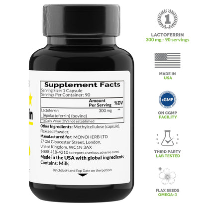 MONOHERB Lactoferrin 300 mg – 90 Vegetarian Capsules – Made in USA