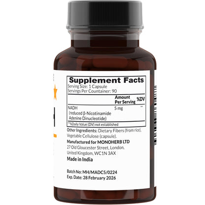 MONOHERB NADH 5 mg - 90 Vegetarian Capsules | Reduced NADH Supplement