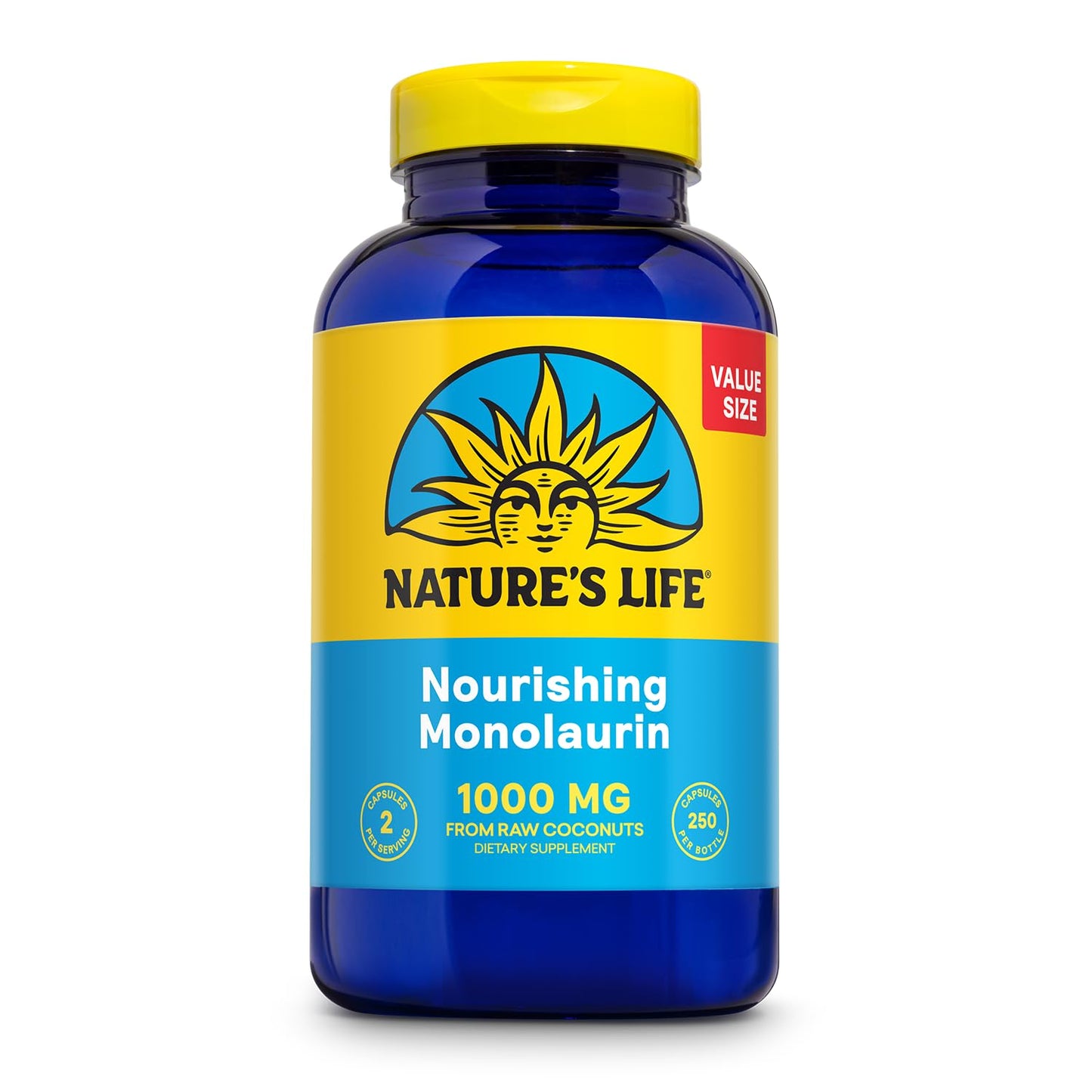 Nature's Life Monolaurin 1000 mg – Immune Support & Gut Health (125 Servings, 250 Vegetarian Capsules)
