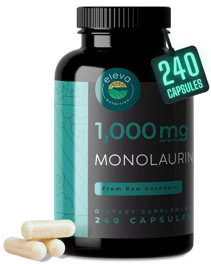 Monolaurin 1000mg Capsules - Pure Glycerol & Lauric Acid from Coconut - 240 Count - Vegan, Non-GMO, Soy Free