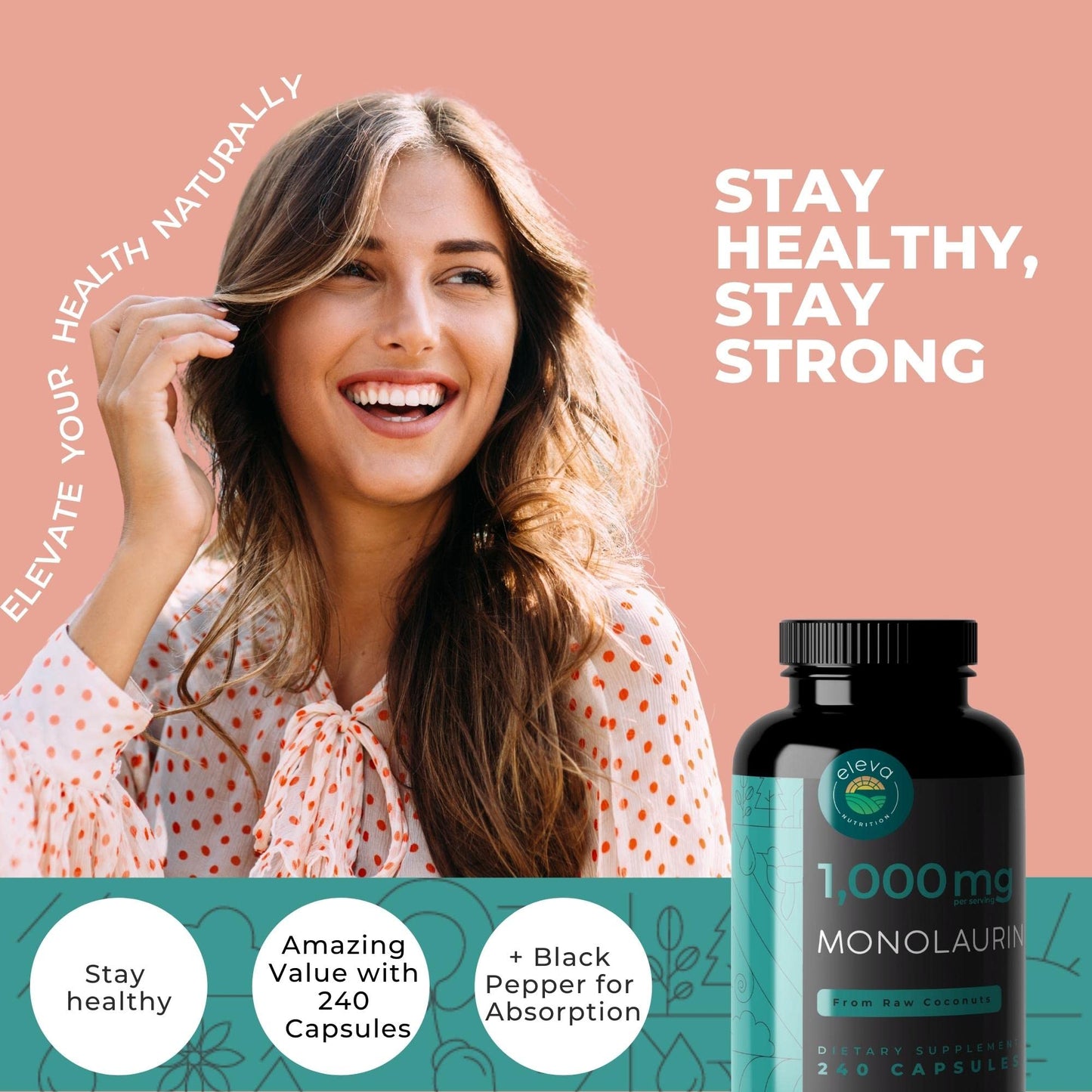 Monolaurin 1000mg Capsules - Pure Glycerol & Lauric Acid from Coconut - 240 Count - Vegan, Non-GMO, Soy Free