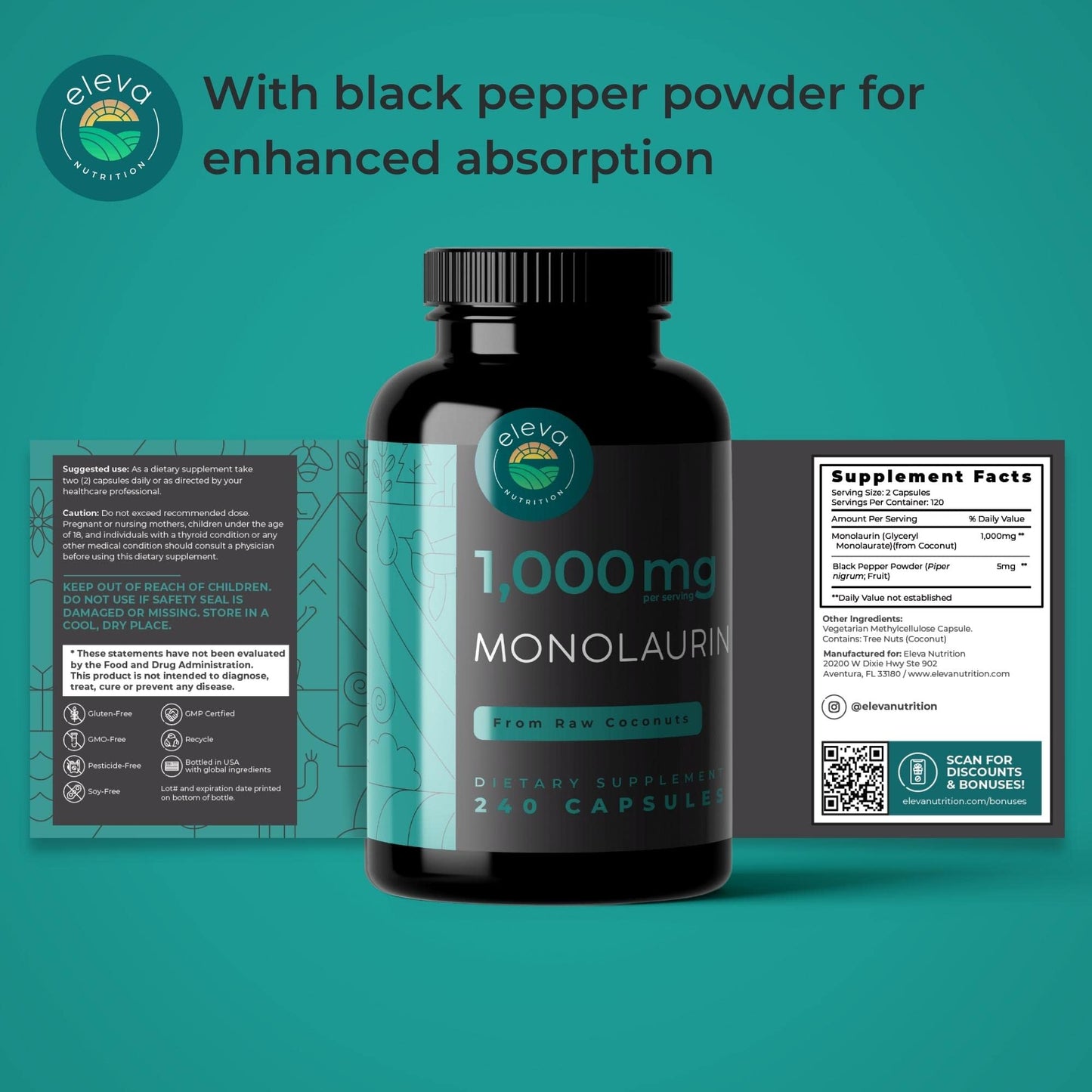 Monolaurin 1000mg Capsules - Pure Glycerol & Lauric Acid from Coconut - 240 Count - Vegan, Non-GMO, Soy Free